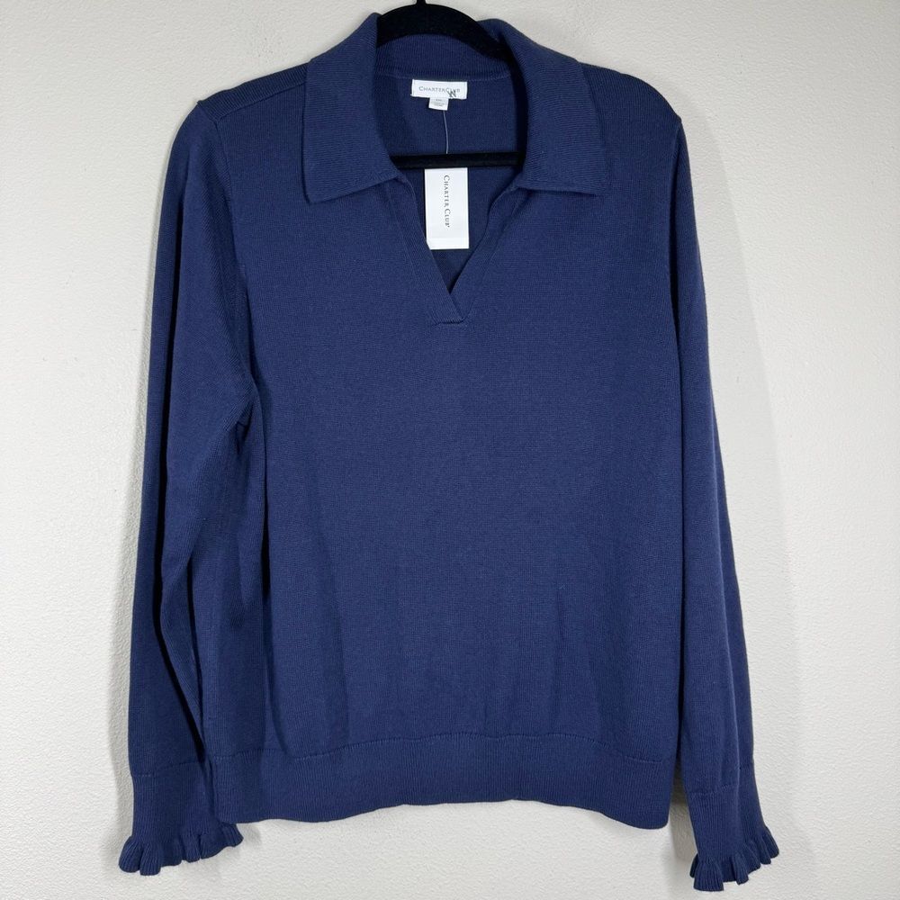 Charter Club V Neck Ruffle Cuff Collared Sweater Long Sleeve Pullover Navy XXL